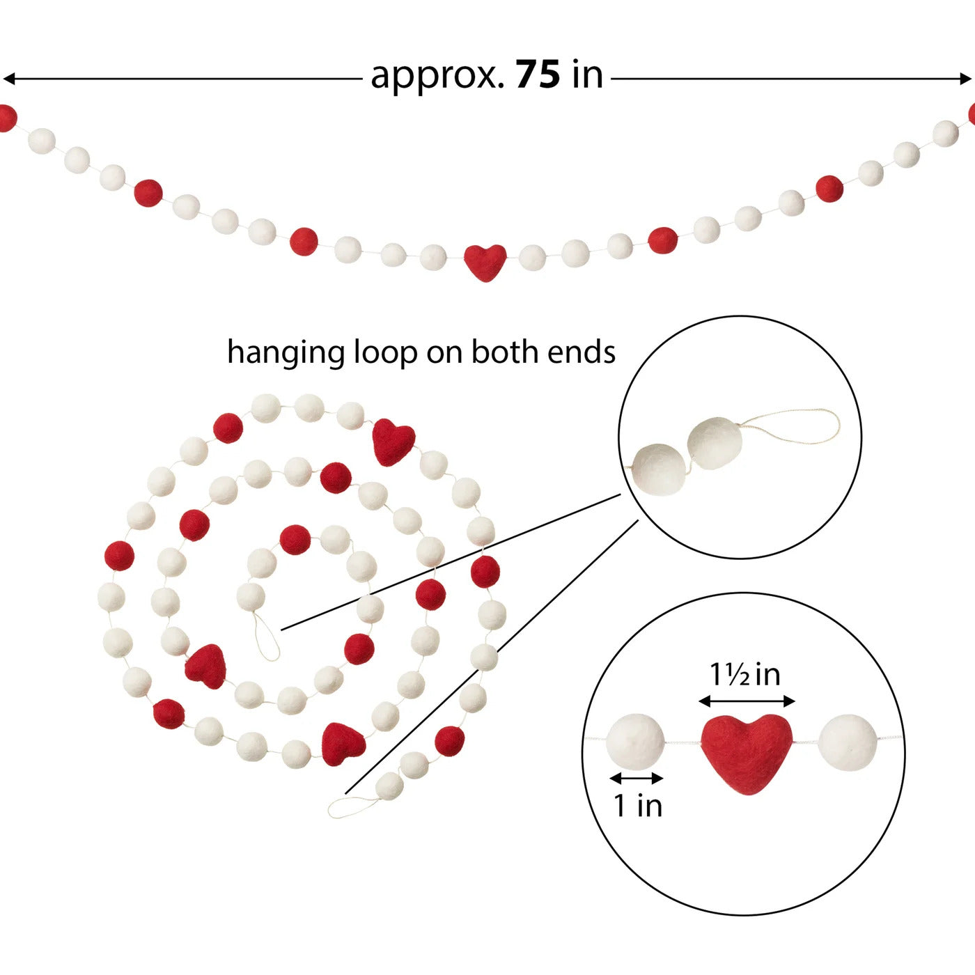 MODWOOL™ Felt Ball 75L" Garland - Hearts