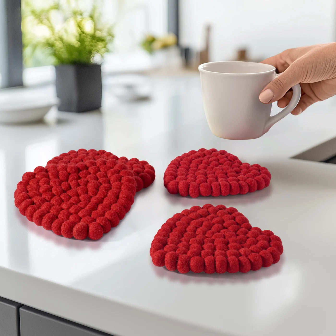 MODWOOL Felt Ball Four Piece 5" Heart Coaster Set - Solid Red